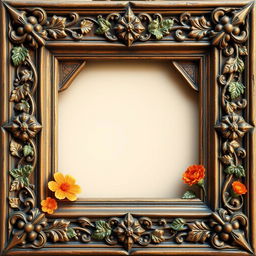 A rectangular medieval-style frame adorned with intricate details of nature and flowers