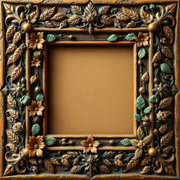 A rectangular medieval-style frame adorned with intricate details of nature and flowers