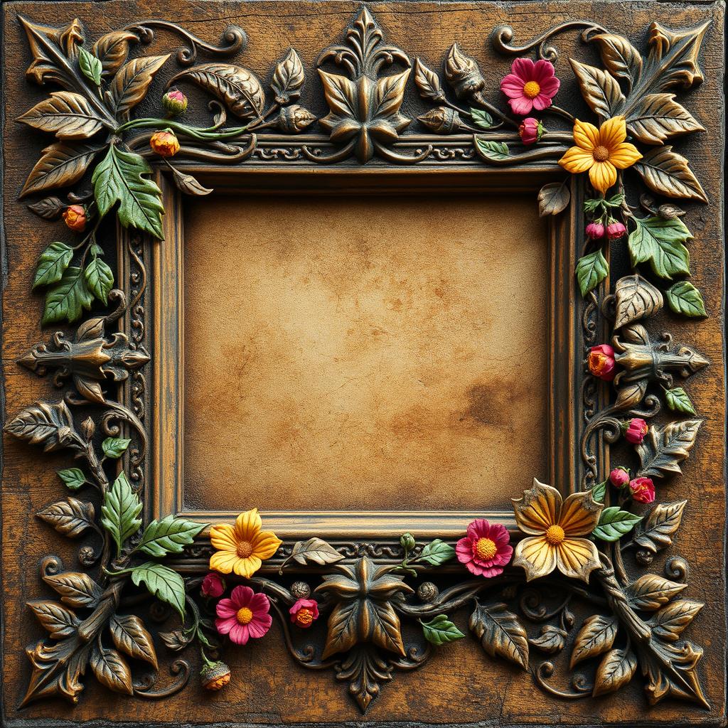 A rectangular medieval-style frame adorned with intricate details of nature and flowers