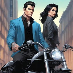 A high-quality digital art image for a crime book cover, showcasing a young, handsome, 25-year-old mafia member with dangerous ice-blue eyes, tall stature, tattoos, and black hair