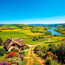 A scenic view of a vibrant countryside landscape with lush green fields, rolling hills, and clear blue skies