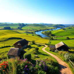 A scenic view of a vibrant countryside landscape with lush green fields, rolling hills, and clear blue skies