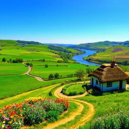 A scenic view of a vibrant countryside landscape with lush green fields, rolling hills, and clear blue skies