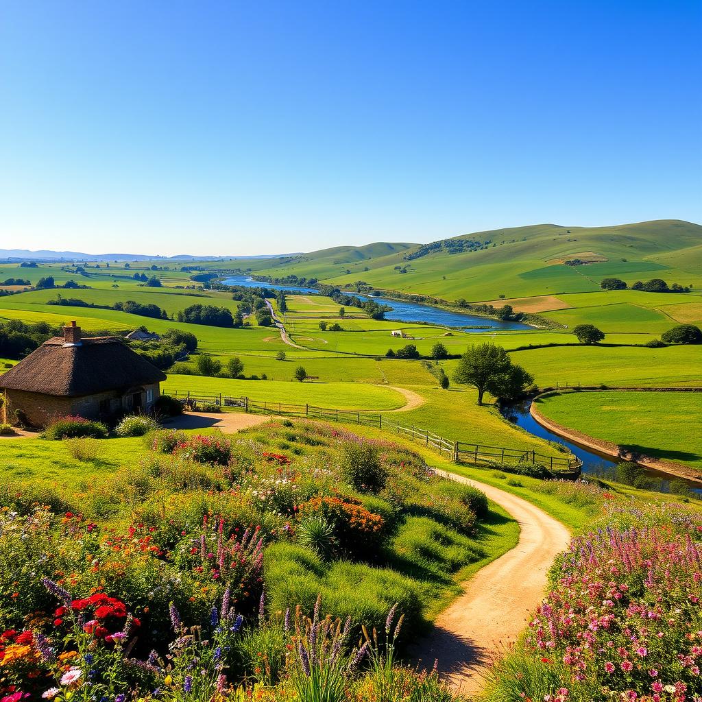 A scenic view of a vibrant countryside landscape with lush green fields, rolling hills, and clear blue skies