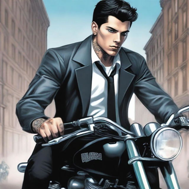 A high-quality digital art image for a crime book cover, showcasing a young, handsome, 25-year-old mafia member with dangerous ice-blue eyes, tall stature, tattoos, and black hair