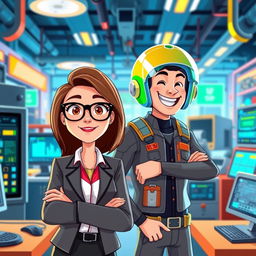 An animated scene featuring a professional female administrator with brown hair and stylish glasses, standing next to a cheerful male electronic engineer wearing a bright, colorful helmet