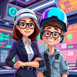 An animated scene featuring a professional female administrator with brown hair and stylish glasses, standing next to a cheerful male electronic engineer wearing a bright, colorful helmet