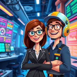 An animated scene featuring a professional female administrator with brown hair and stylish glasses, standing next to a cheerful male electronic engineer wearing a bright, colorful helmet