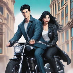 A high-quality digital art image for a crime book cover, showcasing a young, handsome, 25-year-old mafia member with dangerous ice-blue eyes, tall stature, tattoos, and black hair