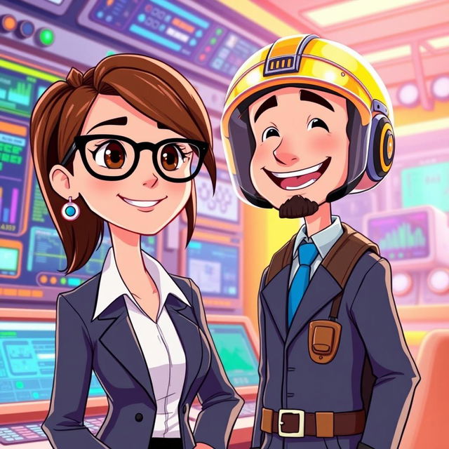 An animated scene featuring a professional female administrator with brown hair and stylish glasses, standing next to a cheerful male electronic engineer wearing a bright, colorful helmet