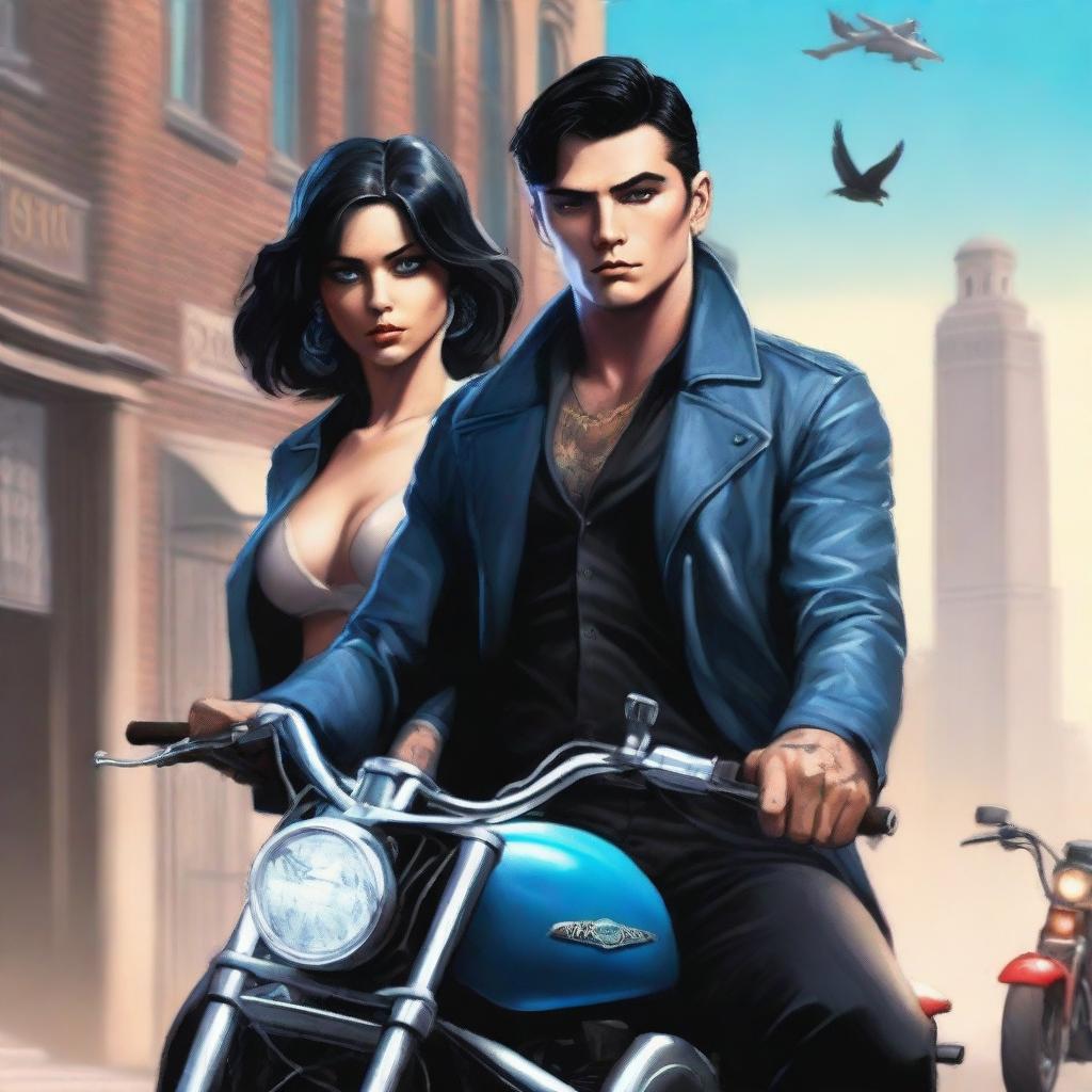 A high-quality, realistic digital art image for a crime book cover, depicting a young, handsome, 25-year-old mafia member with dangerous ice-blue eyes, tall stature, tattoos, and black hair