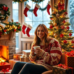 A cozy scene featuring a young woman enjoying the festive spirit of Christmas inside her warmly decorated home