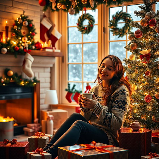 A cozy scene featuring a young woman enjoying the festive spirit of Christmas inside her warmly decorated home