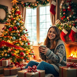 A cozy scene featuring a young woman enjoying the festive spirit of Christmas inside her warmly decorated home