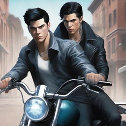 A high-quality, realistic digital art image for a crime book cover, depicting a young, handsome, 25-year-old mafia member with dangerous ice-blue eyes, tall stature, tattoos, and black hair