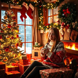 A cozy scene featuring a young woman enjoying the festive spirit of Christmas inside her warmly decorated home