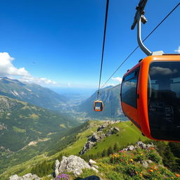 A scenic view showcasing the trajectory of a cable car as it glides over a breathtaking mountainous landscape