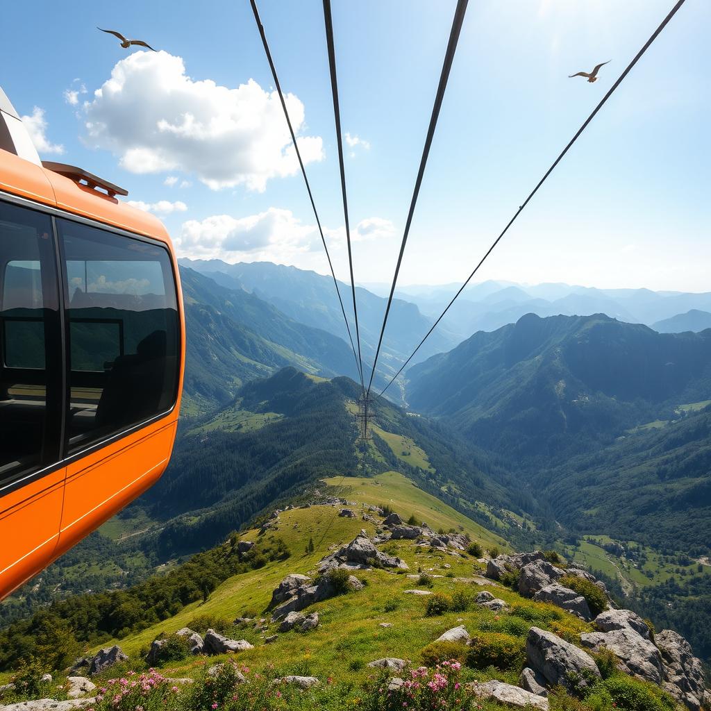 A scenic view showcasing the trajectory of a cable car as it glides over a breathtaking mountainous landscape