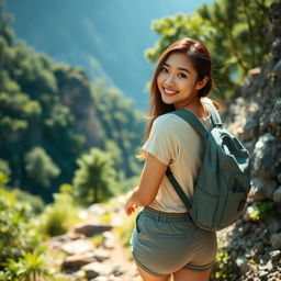 A beautiful young Asian woman wearing a t-shirt and short pants, hiking up a mountain, glancing at the camera with a soft and cute smile