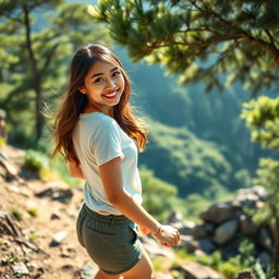 A beautiful young Asian woman wearing a t-shirt and short pants, hiking up a mountain, glancing at the camera with a soft and cute smile