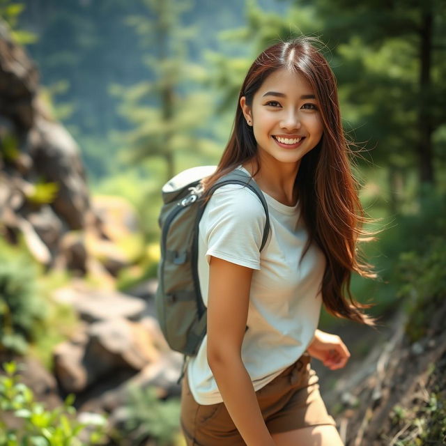 A beautiful young Asian woman wearing a t-shirt and short pants, hiking up a mountain, glancing at the camera with a soft and cute smile