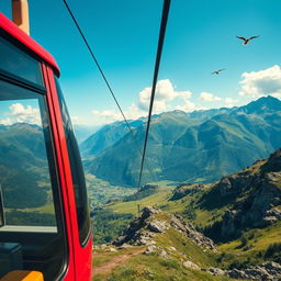 A scenic view showcasing the trajectory of a cable car as it glides over a breathtaking mountainous landscape