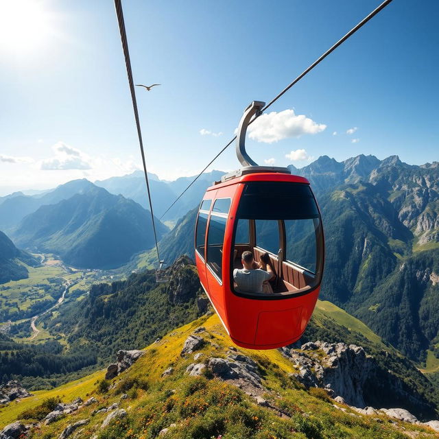 A scenic view showcasing the trajectory of a cable car as it glides over a breathtaking mountainous landscape