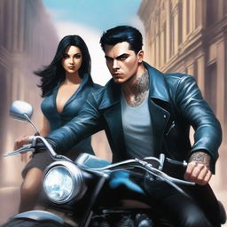 A high-quality, realistic digital art image for a crime book cover, depicting a young, handsome, 25-year-old mafia member with dangerous ice-blue eyes, tall stature, tattoos, and black hair