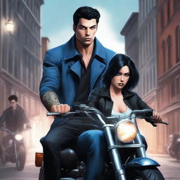 A high-quality, realistic digital art image for a crime book cover, depicting a young, handsome, 25-year-old mafia member with dangerous ice-blue eyes, tall stature, tattoos, and black hair