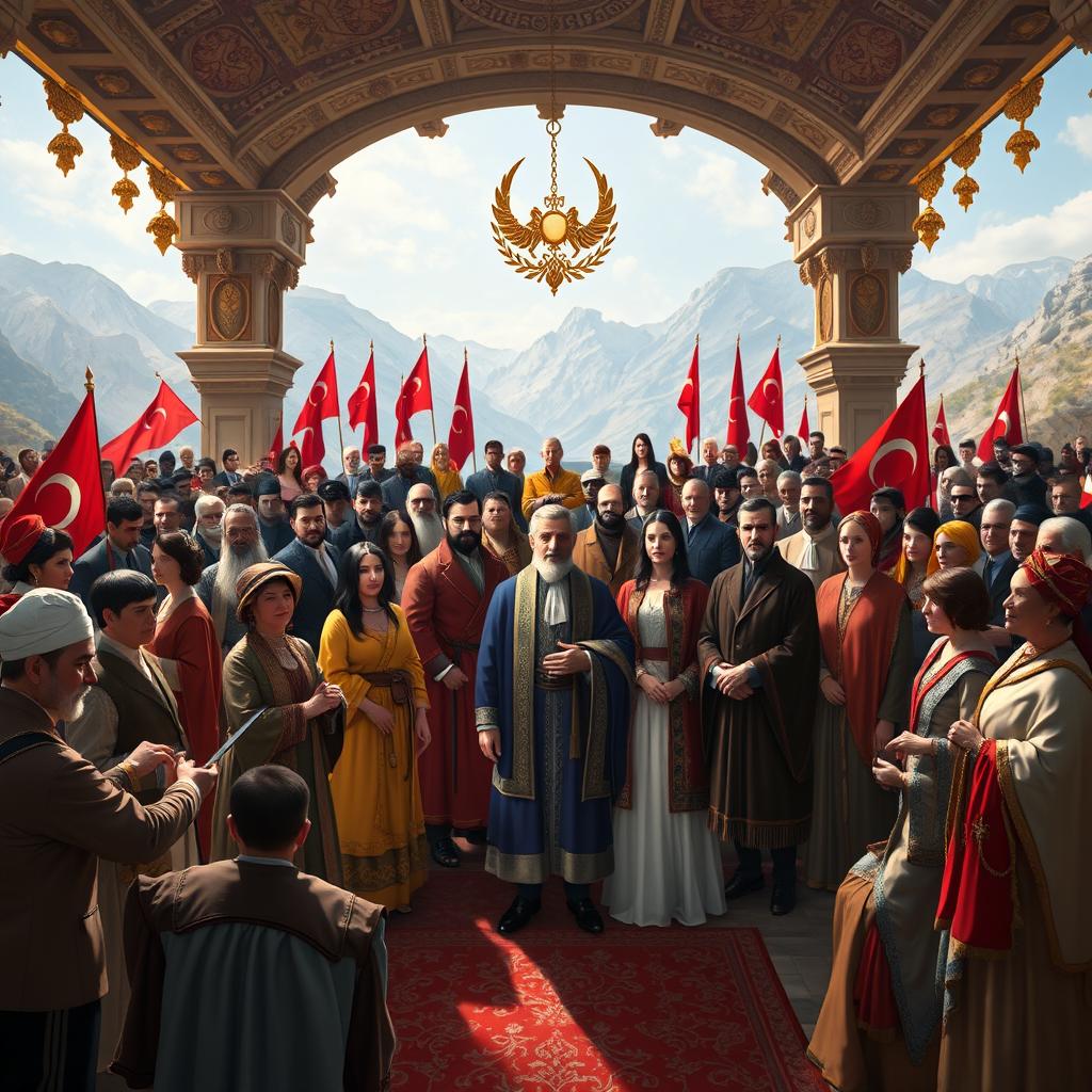 A powerful gathering of leaders and representatives from various Turkish states, all coming together under a grand, ornate roof symbolizing unity and strength, embodying the spirit of Turan