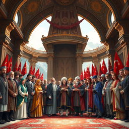 A powerful gathering of leaders and representatives from various Turkish states, all coming together under a grand, ornate roof symbolizing unity and strength, embodying the spirit of Turan