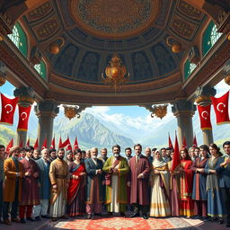A powerful gathering of leaders and representatives from various Turkish states, all coming together under a grand, ornate roof symbolizing unity and strength, embodying the spirit of Turan