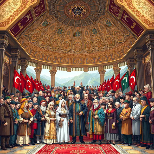 A powerful gathering of leaders and representatives from various Turkish states, all coming together under a grand, ornate roof symbolizing unity and strength, embodying the spirit of Turan