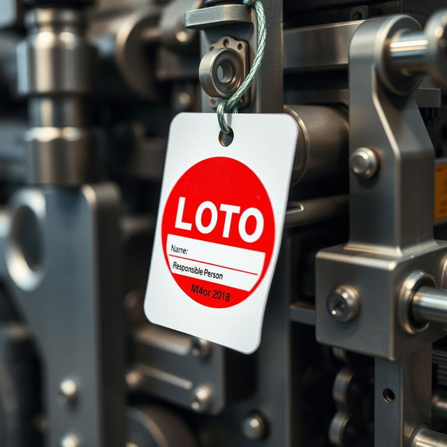 A close-up image of a LOTO (Lockout/Tagout) label affixed to a machine