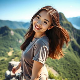 A beautiful young Asian woman wearing a t-shirt and shorts, climbing a mountain, glancing at the camera with a soft and cute smile