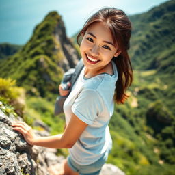 A beautiful young Asian woman wearing a t-shirt and shorts, climbing a mountain, glancing at the camera with a soft and cute smile