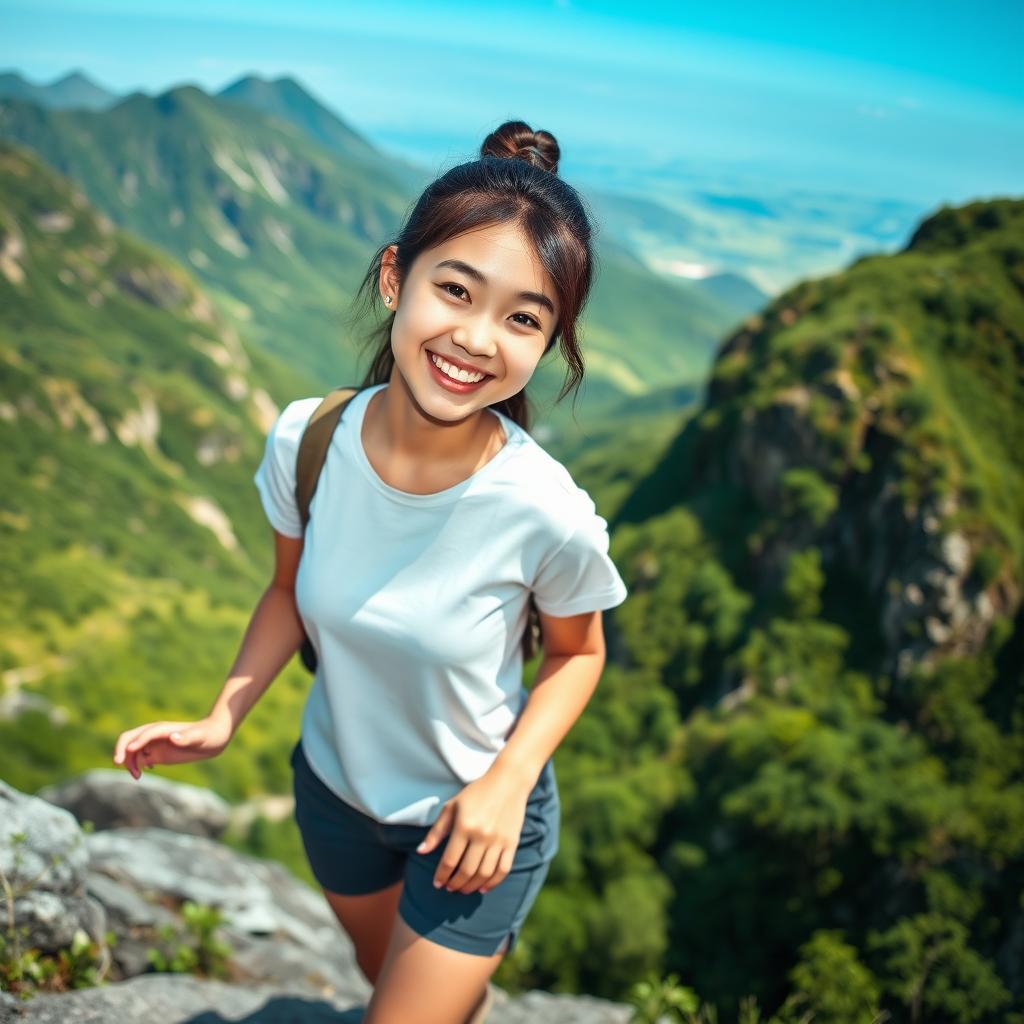 A beautiful young Asian woman wearing a t-shirt and shorts, climbing a mountain, glancing at the camera with a soft and cute smile