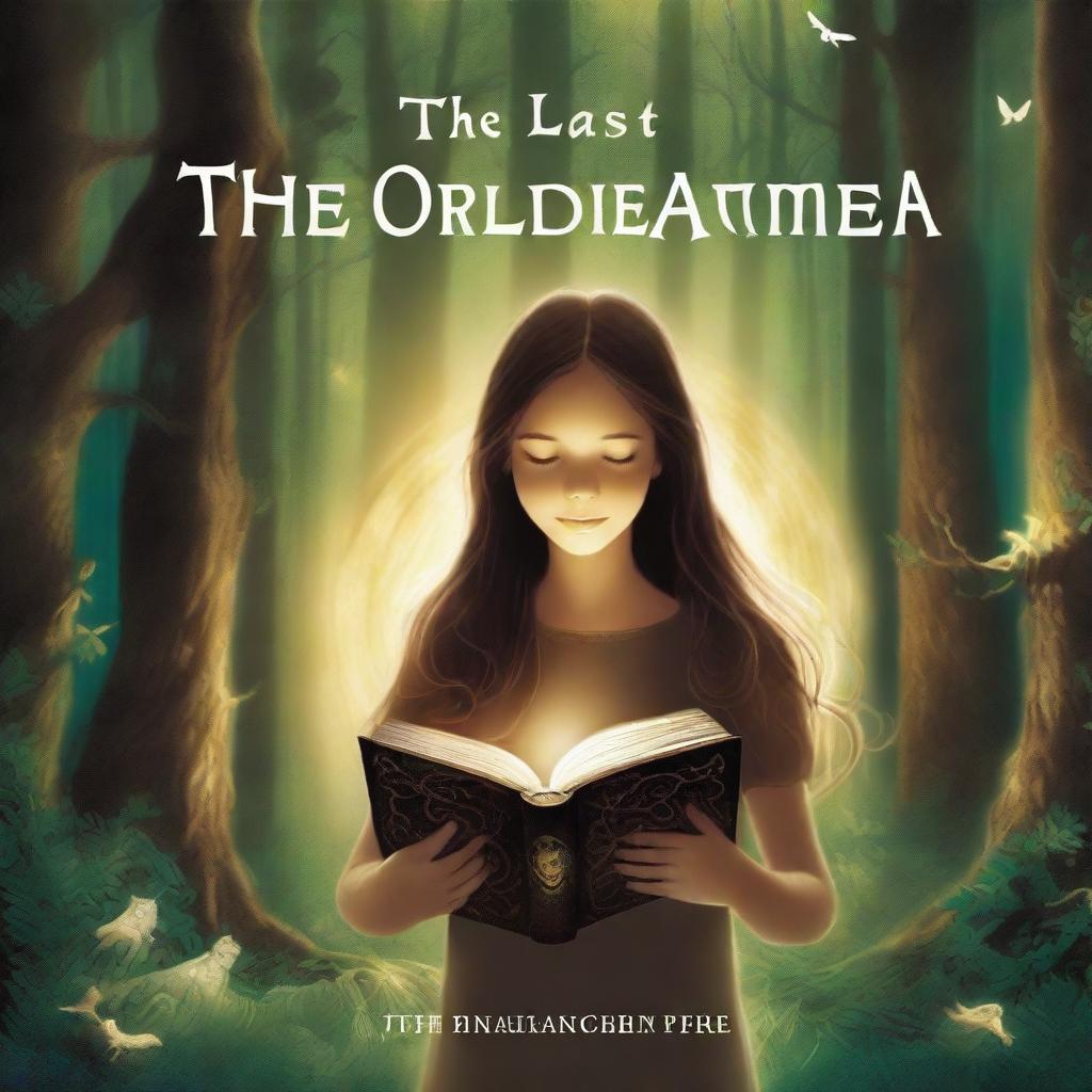 A high-definition artistic rendering features a girl with long brown hair in a forest setting, holding a book and encircled by a luminous ring of light