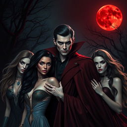 A striking scene featuring a charismatic vampire man surrounded by four enchanting vampire women of different races, all gathered under a dramatic red moon