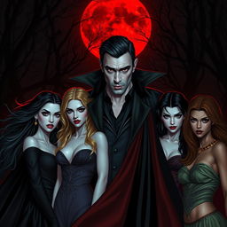 A striking scene featuring a charismatic vampire man surrounded by four enchanting vampire women of different races, all gathered under a dramatic red moon