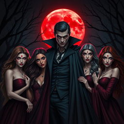 A striking scene featuring a charismatic vampire man surrounded by four enchanting vampire women of different races, all gathered under a dramatic red moon