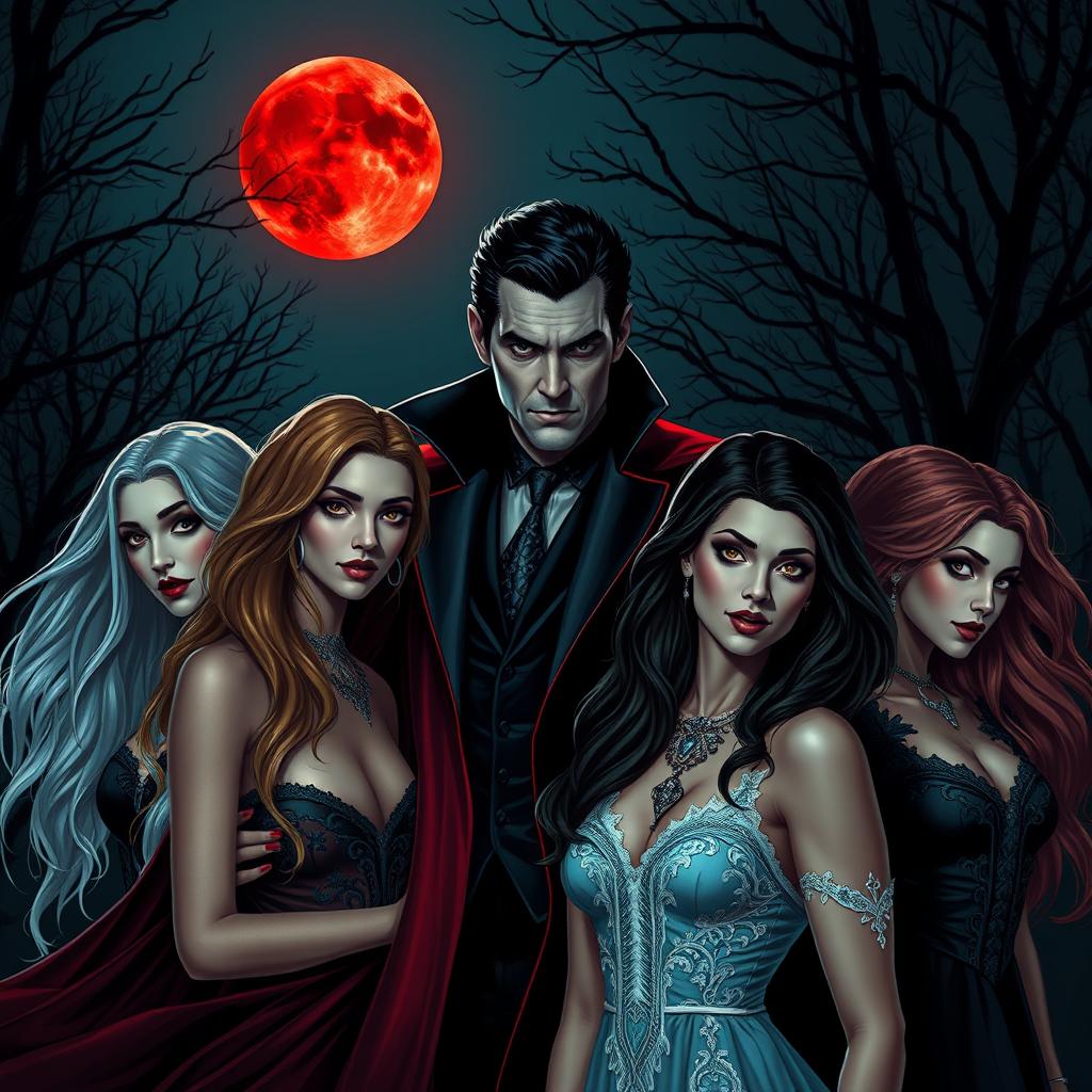A striking scene featuring a charismatic vampire man surrounded by four enchanting vampire women of different races, all gathered under a dramatic red moon