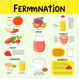 A vibrant and informative poster about fermentation, showcasing various fermentation processes such as kimchi, sauerkraut, kombucha, and yogurt