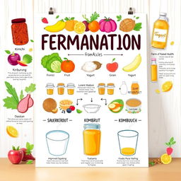 A vibrant and informative poster about fermentation, showcasing various fermentation processes such as kimchi, sauerkraut, kombucha, and yogurt