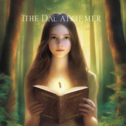 A high-definition artistic rendering features a girl with long brown hair in a forest setting, holding a book and encircled by a luminous ring of light