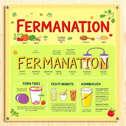 A vibrant and informative poster about fermentation, showcasing various fermentation processes such as kimchi, sauerkraut, kombucha, and yogurt