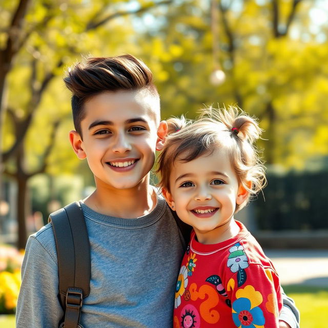 A creative and artistic portrait featuring a young man and a child in a loving sibling-like bond