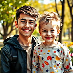 A creative and artistic portrait featuring a young man and a child in a loving sibling-like bond