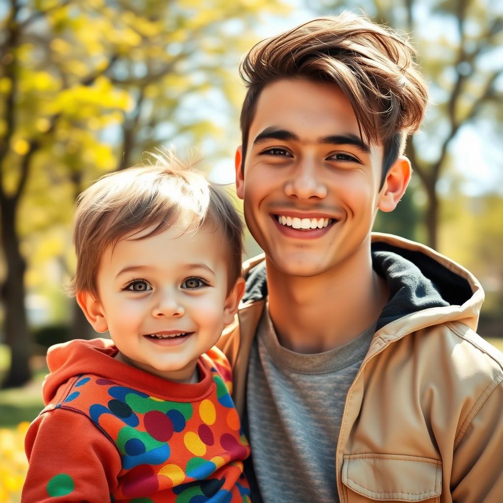 A creative and artistic portrait featuring a young man and a child in a loving sibling-like bond