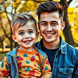 A creative and artistic portrait featuring a young man and a child in a loving sibling-like bond